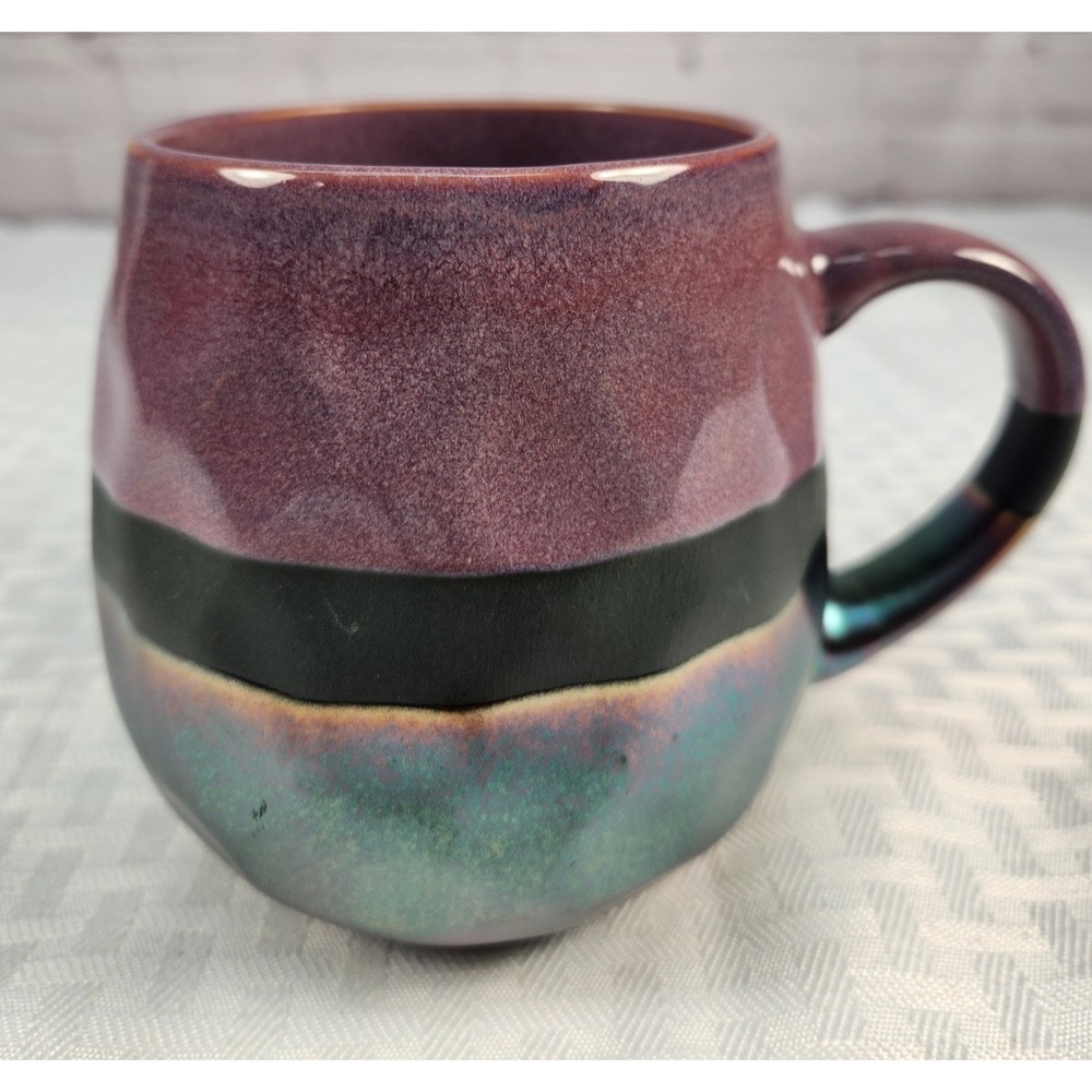SARAH SIGNATURE POTTERY COFFEE MUG METALLIC IRRIDESCENT HAMMERED DRIP GLAZE CUP
